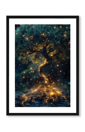 Tree with a glowing, circuit-like trunk is surrounded by vibrant, sparkling lights against a lush, verdant background