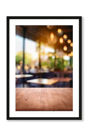 Empty wooden table in cafe setting ideal for product display featuring blurred bokeh background creating abstract for bar restaurant or coffee shop interior space for celebration business or lifestyle