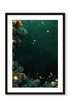 Beautiful dark green Christmas background with shining decoration and empty space. Golden glitter, confetti. Copy space for your text. Merry Xmas, Happy New Year. Festive backdrop.