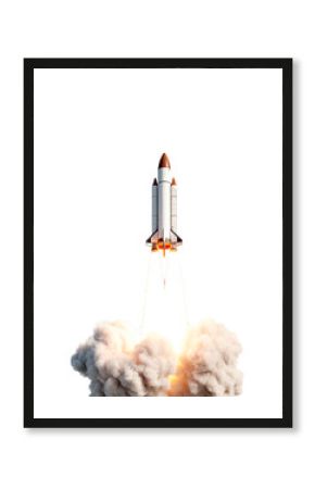 Rockets take off on a white backdrop, spewing white smoke and orange flames. Fit for concepts with a space theme and a science, technology, or inventive theme. Generative AI
