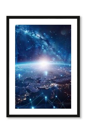 Futuristic earth from space  digital networks and glowing atmosphere with satellites beaming energy