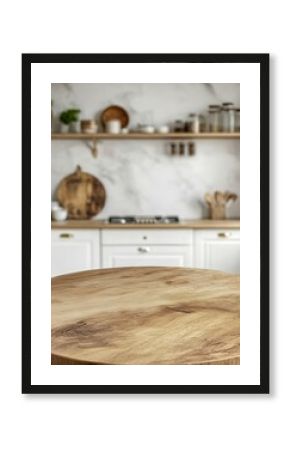 Beautiful round wood tabletop counter inside, empty, with a bright, clean kitchen background. Ideal for banners and product montage displays.