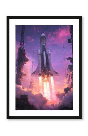 Realistic scene of a massive spaceship launching from a high-tech space station at dawn