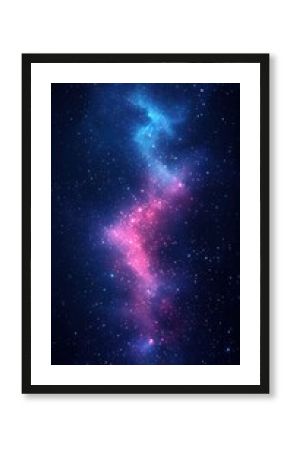 Abstract  graphic of a vibrant cosmic scene featuring galaxies and stars in a colorful space nebula with blue and pink hues