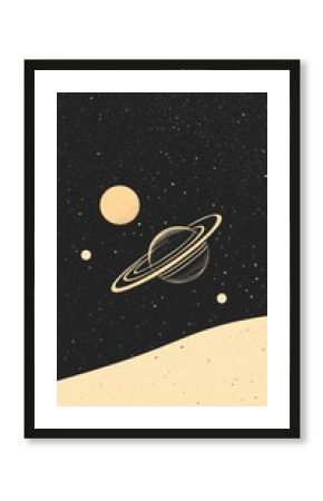 Saturn and moon orbiting around planet in outer space with stars and desert