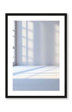 Bright interior with sunlight streaming through window creating geometric shadows in minimalist space