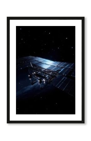 Futuristic solar array platform with solar panels in space. Generates clean energy in the dark abyss of space.