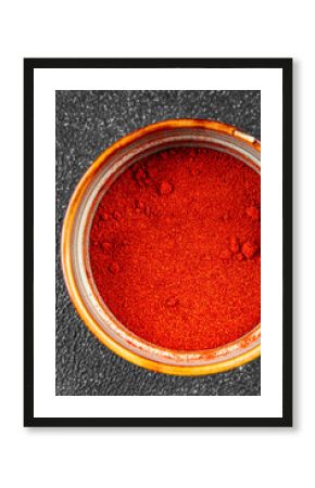 Ground hot red pepper cayenne pepper paprika spice appetizer vegetables dish organic product fresh tasty gourmet food background on the table rustic food top view copy space