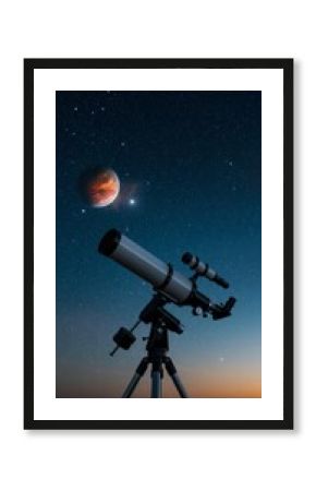 Telescope observing red planet and stars in night sky. Astronomy equipment for space exploration. Scientific instrument for stargazing and celestial observation