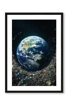 Planet Earth on the background of space debris, suitable for environmental articles, presentations or social campaigns.