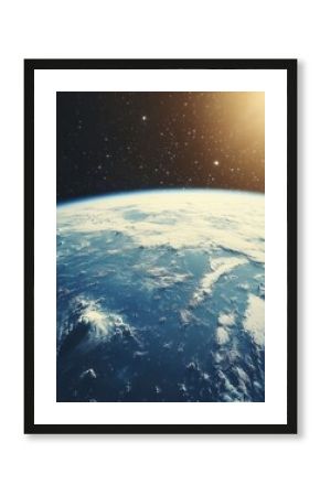 Earth from space showing clouds and oceans against a backdrop of stars and sunlight with a cosmic and global perspective