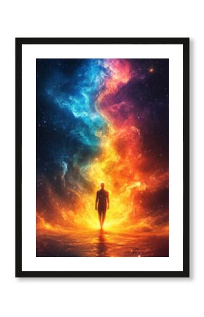 Back silhouette of an ethereal human soul floating in deep space amid vibrant nebula colors, symbolizing spiritual awakening, cosmic journey, self-discovery, and higher consciousness.  