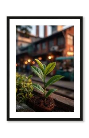 Peaceful young tea plant growing in coconut husk pot against blurred rustic marketplace background at twilight, eco-friendly gardening with free copy space for text