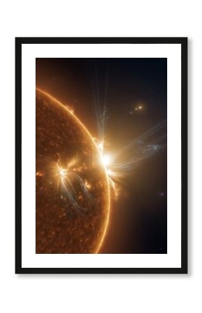Solar flares erupting from the Sun's surface in deep space, extreme close-up view, cosmic phenomenon, outer space
