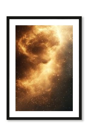 Golden glowing nebula in space with scattered bright stars and cosmic dust creating a mystical and vast celestial scene