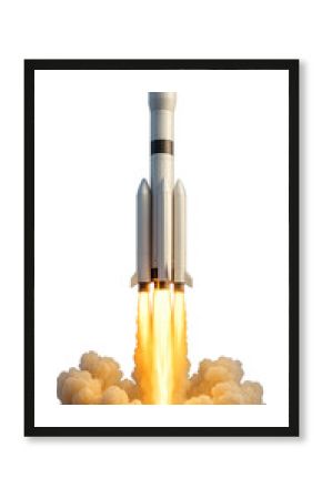 3D illustration of space rocket launch with fire and smoke. Symbol of innovation, startup launch, success and technology development. Isolated illustration on transparent background.