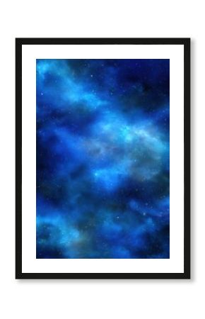 Deep blue cosmic nebula with starlight and clouds of interstellar gas in a vertical abstract space background
