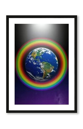 Pride Month Editorial AI Generated - Digital rende of Earth surrounded by a colorful rainbow aura against a dark star filled space with a bright light shining down upon the vibrant planet globe.