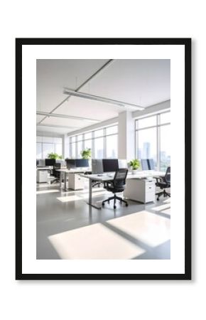 Bright contemporary office space with desks and city views