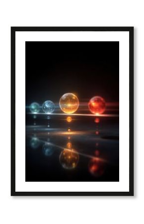Colorful illuminated spheres floating in abstract dark space with glowing reflections