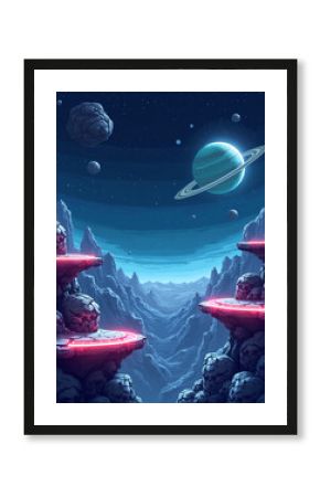  a pixel art space level with metallic platforms, stars in the background, floating asteroids, and a distant pixelated planet. blinking neon lights and a cold color palette: navy blue, silver, and