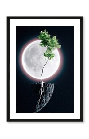 Surreal Night Scene of a Small Tree Growing from a Floating Island before a Large Glowing Moon