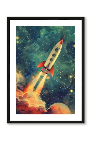 retro rocket ship blasting off into space