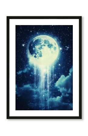 Orange moon over great waterfall 