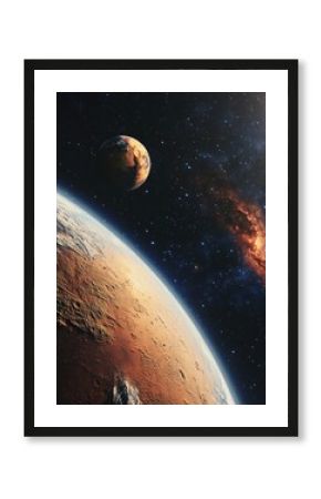 Mars and Earth in space, cosmic landscape, planets, stars, nebula.