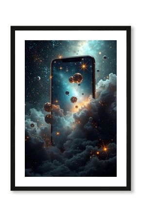A cell phone is floating in space with a cloud of stars surrounding it
