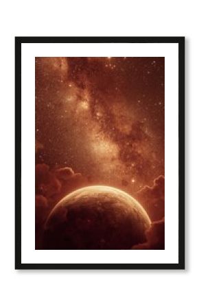 Vertical banner, wallpaper for social media of A surreal outer space scene with a golden-red ombre color scheme, prioritizing golden tones. The cosmic background features shimmering galactic
