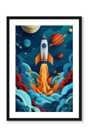 A rocket ship launching into outer space surrounded by colorful planets and stars