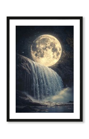 Orange moon over great waterfall 