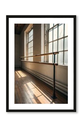 Empty ballet studio with dual wooden barres, large windows casting light across hardwood floor, serene minimalist space designed for quiet practice