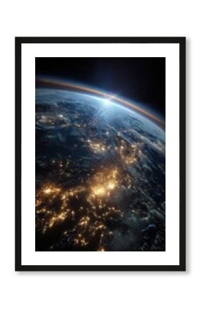 A stunning view of Earth from space at night, showing city lights, the curvature of the planet, and a bright sunrise on the horizon.