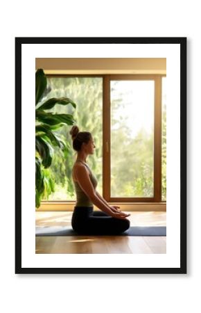 Woman practicing yoga in a serene indoor space with large windows and greenery outside