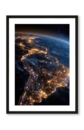 Nighttime satellite view of South America illuminated by city lights, showcasing the continent's geography and urban development from space.