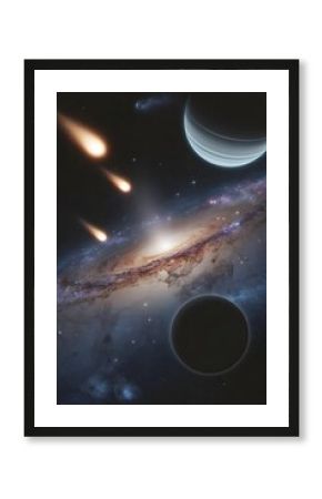 Stylized Galaxy and Space Background with Milky Way, Planets, and Comets.