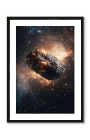 Large asteroid burning and emitting light while traveling through the vastness of space and a distant galaxy, creating a breathtaking cosmic scene