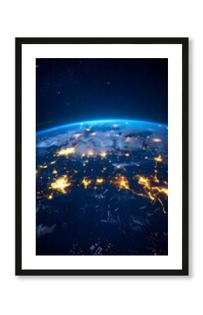 Earth at night, seen from space.  Cities glow brightly across continents, with a dark, star-studded backdrop.  A vibrant blue planet, outlined by the inky blackness of space
