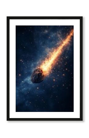 Large asteroid burning and entering planet's atmosphere creating a trail of fire and debris, cosmic event in deep space with stars and nebulae