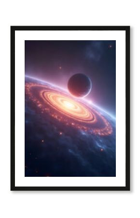 Cosmic glow with distant planets, glowing nebula in dark blue, violet, and orange. Light bursts and galactic dust create a vibrant sci-fi space scene full of depth and mystery.