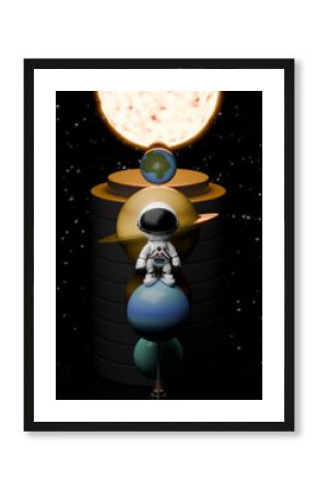 3d cartoon astronaut exploring planets in space with stars and sun