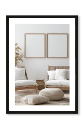 Two white chairs with pillows. a wicker basket. a jute rug and two empty frames on a white wall