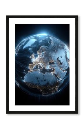 Detailed digital illustration of Earth from space highlighting continents and illuminated city lights with digital network connections across Europe and surrounding regions