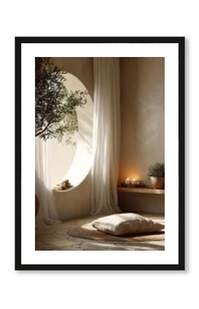 Serene indoor oasis with sunlit olive tree, meditation space