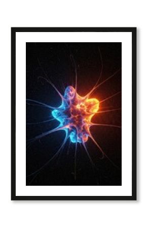 Luminous spherical complex form with radiating extensions on dark space