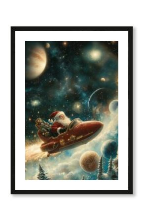 Santa Claus is flying a futuristic spaceship full of gifts through Outer Space with planets, stars and a space holiday atmosphere.