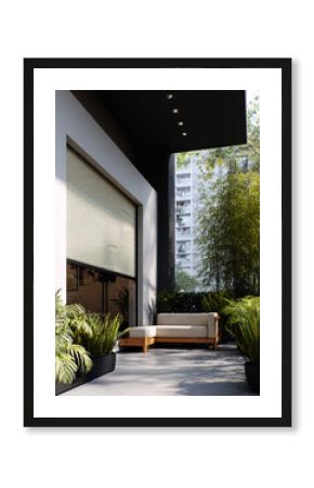 Sophisticated urban balcony with wooden sofa and white upholstery. Relaxation space with greenery and city views, ideal for modern design and architecture.
