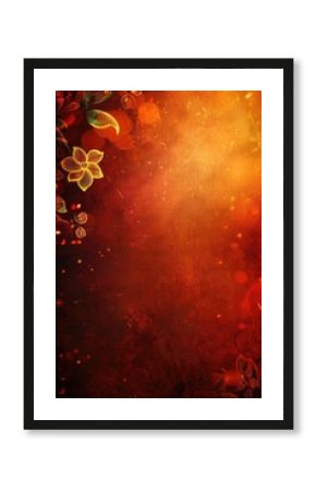 A vibrant background with warm orange and red hues, floral patterns and festive elements, Dussehra holiday celebration, vertical banner, copy space, free space for text